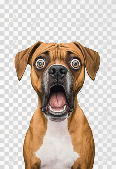 A funny and humorous image of a comical brown boxer dog with a white chest with a surprised expression, wide eyes and wide open mouth, as if he had been caught off guard, his ears are pricked up in surprise. The background is a single grey color with no distractions or lighting details