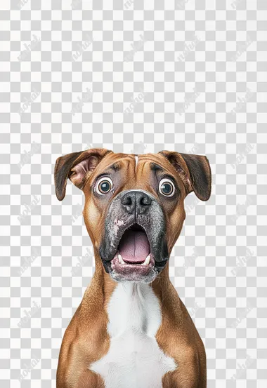 A funny and humorous image of a comical brown boxer dog with a white chest with a surprised expression, wide eyes and wide open mouth, as if he had been caught off guard, his ears are pricked up in surprise. The background is a single grey color with no distractions or lighting details