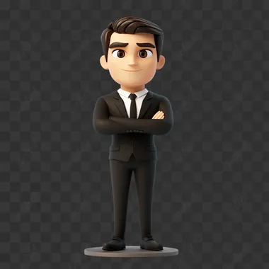 3d icon serious male businessman in a business black suit, cartoon pixar style on white bg stands on a stand