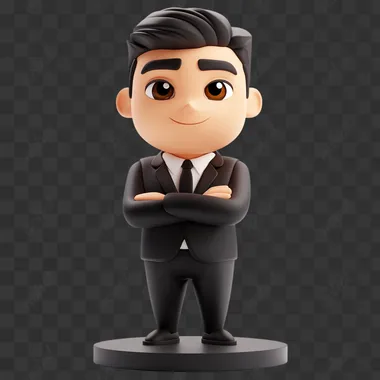 3d icon serious male businessman in a business black suit, cartoon pixar style on white bg stands on a stand