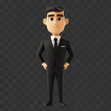3d icon serious male businessman in a business black suit, cartoon pixar style on white bg stands on a stand