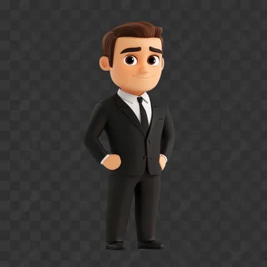 3d icon serious male businessman in a business black suit, cartoon pixar style on white bg stands on a stand