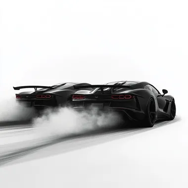 Two blacked-out supercars drifting in a perfect synchronized circle, aggressive stance, thick tire smoke, visible motion blur, sharp tire marks forming a clean circular pattern, isolated on a white or transparent background, ultra-detailed, photorealistic, 8K, high-speed action, cinematic lighting, HDR