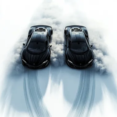 Two blacked-out supercars drifting in a perfect synchronized circle, aggressive stance, thick tire smoke, visible motion blur, sharp tire marks forming a clean circular pattern, isolated on a white or transparent background, ultra-detailed, photorealistic, 8K, high-speed action, cinematic lighting, HDR