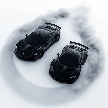 Two blacked-out supercars drifting in a perfect synchronized circle, aggressive stance, thick tire smoke, visible motion blur, sharp tire marks forming a clean circular pattern, isolated on a white or transparent background, ultra-detailed, photorealistic, 8K, high-speed action, cinematic lighting, HDR