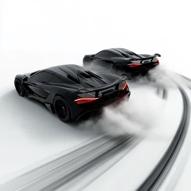 Two blacked-out supercars drifting in a perfect synchronized circle, aggressive stance, thick tire smoke, visible motion blur, sharp tire marks forming a clean circular pattern, isolated on a white or transparent background, ultra-detailed, photorealistic, 8K, high-speed action, cinematic lighting, HDR