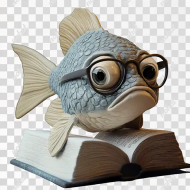 friendly looking fish wearing glasses and reading a science book