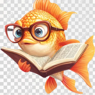 friendly looking fish wearing glasses and reading a science book