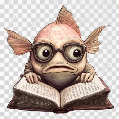 friendly looking fish wearing glasses and reading a science book