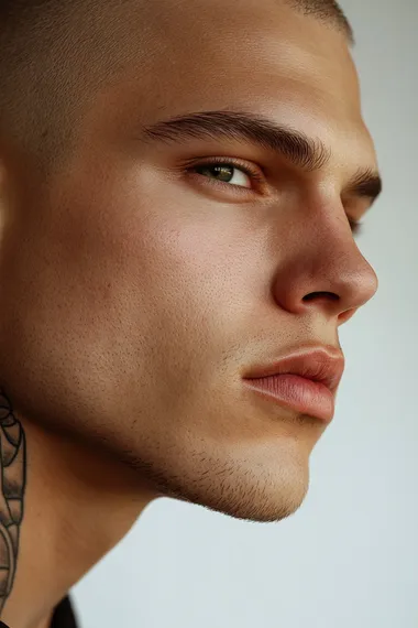 Professional close-up in profile expression serious A hyper-realistic photo the face of a man with golden olive skin, cinematic lighting, sharp focus Portrait Man Cameron Porras 25 years old. Very light blonde hair. His face has an angular structure, with well-defined eyebrows. His eyes are green and have an intense expression. with a fixed gauze. Well-defined jaw. Wide lips. Wearing a black suit, Tattoo on the neck. White background.