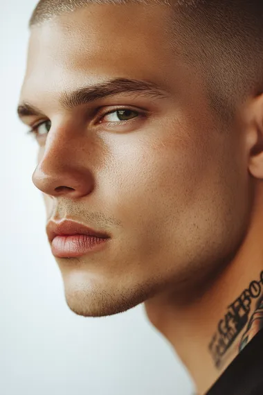 Professional close-up in profile expression serious A hyper-realistic photo the face of a man with golden olive skin, cinematic lighting, sharp focus Portrait Man Cameron Porras 25 years old. Very light blonde hair. His face has an angular structure, with well-defined eyebrows. His eyes are green and have an intense expression. with a fixed gauze. Well-defined jaw. Wide lips. Wearing a black suit, Tattoo on the neck. White background.