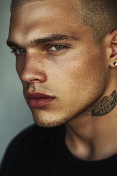Professional close-up in profile expression serious A hyper-realistic photo the face of a man with golden olive skin, cinematic lighting, sharp focus Portrait Man Cameron Porras 25 years old. Very light blonde hair. His face has an angular structure, with well-defined eyebrows. His eyes are green and have an intense expression. with a fixed gauze. Well-defined jaw. Wide lips. Wearing a black suit, Tattoo on the neck. White background.