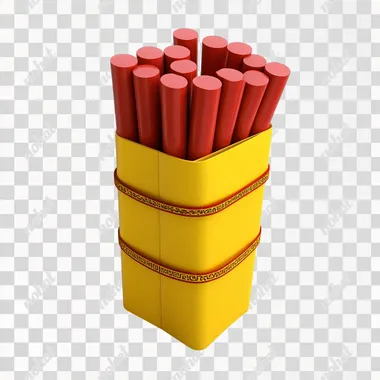A Chinese New Year gift box features six flat red sticks on a white background, high-definition photography, and 3D rendering. Cute, shiny, the overall shape is like an open-tipped cylinder made of wood, wooden material. The cylinder is yellow, and it has two dark yellow decorative rings around the top and bottom. Chinese inspired elements. Vector illustration. High resolution. No text or letters, highest detail, isometric view, HD