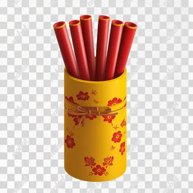 A Chinese New Year gift box features six flat red sticks on a white background, high-definition photography, and 3D rendering. Cute, shiny, the overall shape is like an open-tipped cylinder made of wood, wooden material. The cylinder is yellow, and it has two dark yellow decorative rings around the top and bottom. Chinese inspired elements. Vector illustration. High resolution. No text or letters, highest detail, isometric view, HD