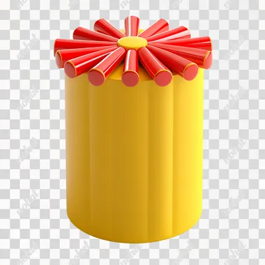 A Chinese New Year gift box features six flat red sticks on a white background, high-definition photography, and 3D rendering. Cute, shiny, the overall shape is like an open-tipped cylinder made of wood, wooden material. The cylinder is yellow, and it has two dark yellow decorative rings around the top and bottom. Chinese inspired elements. Vector illustration. High resolution. No text or letters, highest detail, isometric view, HD