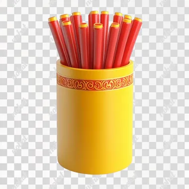 A Chinese New Year gift box features six flat red sticks on a white background, high-definition photography, and 3D rendering. Cute, shiny, the overall shape is like an open-tipped cylinder made of wood, wooden material. The cylinder is yellow, and it has two dark yellow decorative rings around the top and bottom. Chinese inspired elements. Vector illustration. High resolution. No text or letters, highest detail, isometric view, HD