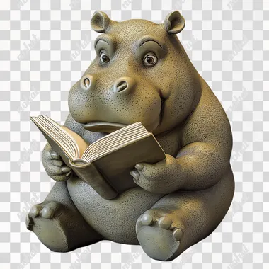 The hippo is designed as a cute cartoon character with a plump body and rich expression. The hippo sits with his legs crossed or tucked in. Reading action: The hippo is holding an open book with its front legs (hands) and looking at the pages intently. The hippo's expression is focused and curious, showing interest in the book's contents. Book: The book can be designed to be slightly larger than the hippo's face to emphasize the reading theme. The statue is mainly made of resin, and the surface of the statue is smooth without wrinkles and pores, and well made. The hippopotamus is painted in soft colors to make it more warm and lovely.