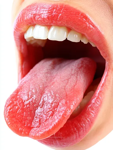 A hyper-realistic photo of wide mounth red lips with the tongue showing to the left, on a white background.
