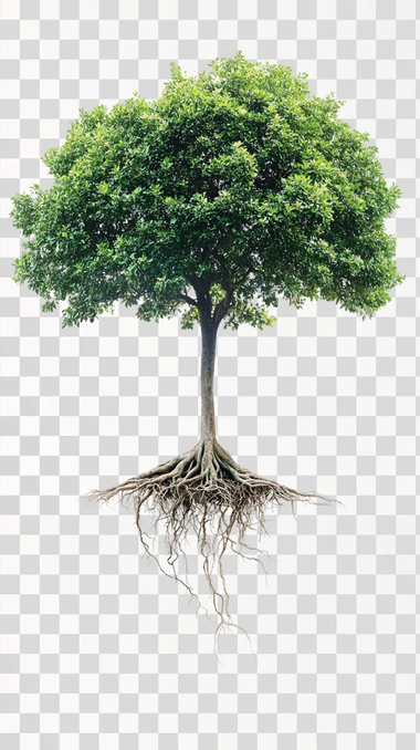 a majestic tall tree, frontal view, with roots, floating in white background