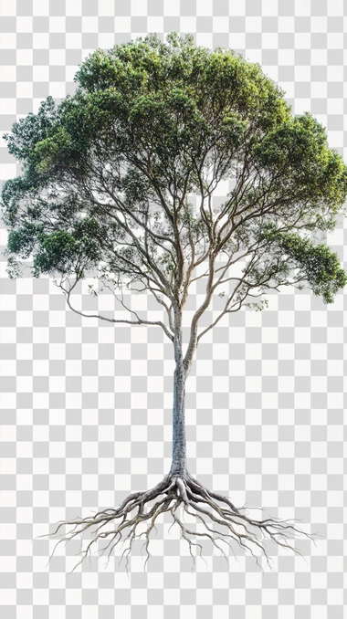 a majestic tall tree, frontal view, with roots, floating in white background