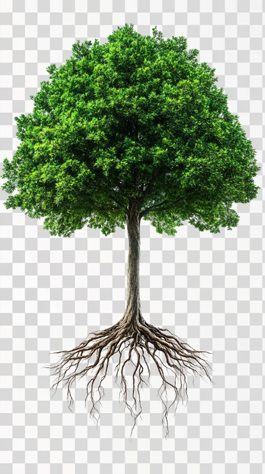 a majestic tall tree, frontal view, with roots, floating in white background