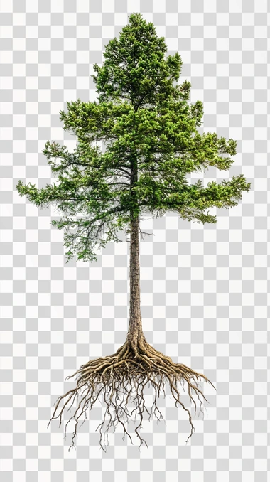 a majestic tall tree, frontal view, with roots, floating in white background