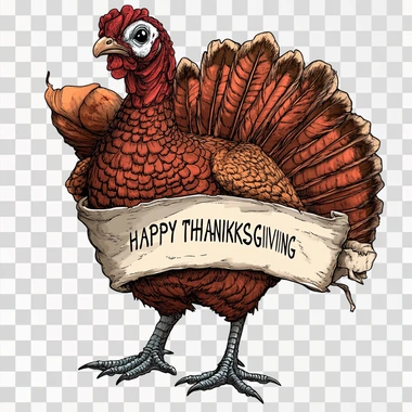 a cute turkey holding a banner with the text "HAPPY THANKSGIVING" on a white background, in a contour , with a white border around the edges of all sides, high resolution, no shadows, high detail, no mockup or backdrop.