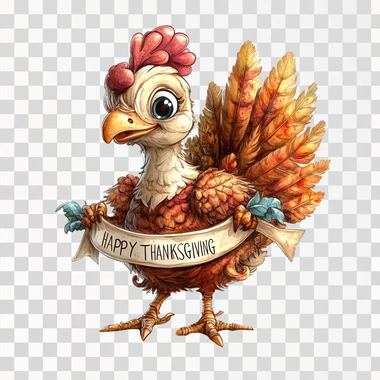 a cute turkey holding a banner with the text "HAPPY THANKSGIVING" on a white background, in a contour , with a white border around the edges of all sides, high resolution, no shadows, high detail, no mockup or backdrop.