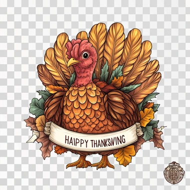 a cute turkey holding a banner with the text "HAPPY THANKSGIVING" on a white background, in a contour , with a white border around the edges of all sides, high resolution, no shadows, high detail, no mockup or backdrop.