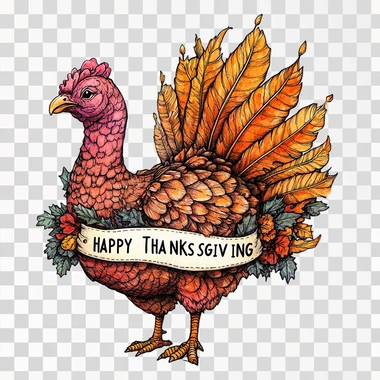 a cute turkey holding a banner with the text "HAPPY THANKSGIVING" on a white background, in a contour , with a white border around the edges of all sides, high resolution, no shadows, high detail, no mockup or backdrop.
