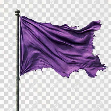 realistic purple tattered flag, full flag pole, white background
