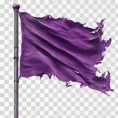 realistic purple tattered flag, full flag pole, white background