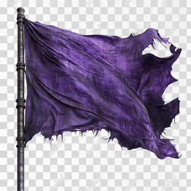 realistic purple tattered flag, full flag pole, white background