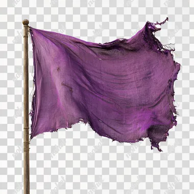 realistic purple tattered flag, full flag pole, white background