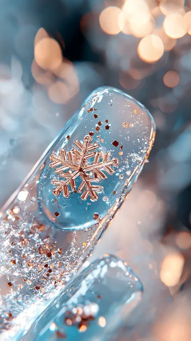 Photorealistic macro image of delicate, translucent icy-blue nails with rose-gold foil edges, reminiscent of frost crystals. One accent nail features a finely detailed rose-gold snowflake, while others are speckled with sparkling micro-glitter that resembles tiny snow particles. The background is softly blurred, hinting at a cool, wintry setting lit by warm holiday lights. High resolution, natural lighting, elegant, crisp and ultra-detailed.