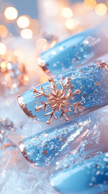 Photorealistic macro image of delicate, translucent icy-blue nails with rose-gold foil edges, reminiscent of frost crystals. One accent nail features a finely detailed rose-gold snowflake, while others are speckled with sparkling micro-glitter that resembles tiny snow particles. The background is softly blurred, hinting at a cool, wintry setting lit by warm holiday lights. High resolution, natural lighting, elegant, crisp and ultra-detailed.