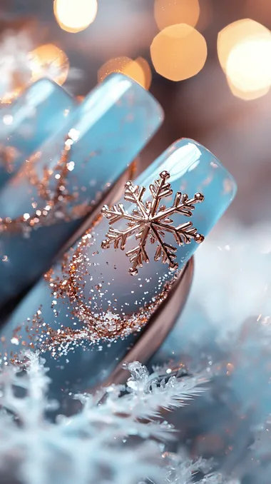 Photorealistic macro image of delicate, translucent icy-blue nails with rose-gold foil edges, reminiscent of frost crystals. One accent nail features a finely detailed rose-gold snowflake, while others are speckled with sparkling micro-glitter that resembles tiny snow particles. The background is softly blurred, hinting at a cool, wintry setting lit by warm holiday lights. High resolution, natural lighting, elegant, crisp and ultra-detailed.
