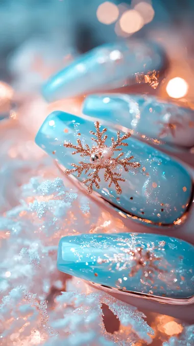 Photorealistic macro image of delicate, translucent icy-blue nails with rose-gold foil edges, reminiscent of frost crystals. One accent nail features a finely detailed rose-gold snowflake, while others are speckled with sparkling micro-glitter that resembles tiny snow particles. The background is softly blurred, hinting at a cool, wintry setting lit by warm holiday lights. High resolution, natural lighting, elegant, crisp and ultra-detailed.