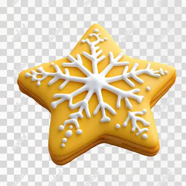 A yellow star-shaped cookie with white snowflake decoration on it, simple background, 3D icon design, high-definition photography, high resolution, super detailed, cute style, white and gold color scheme, cartoon design. The overall shape is flat, and the edges of each part are rounded to give people an elegant feeling.