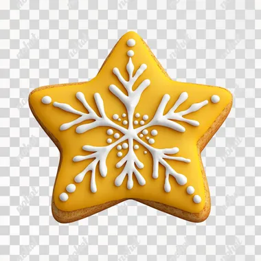 A yellow star-shaped cookie with white snowflake decoration on it, simple background, 3D icon design, high-definition photography, high resolution, super detailed, cute style, white and gold color scheme, cartoon design. The overall shape is flat, and the edges of each part are rounded to give people an elegant feeling.