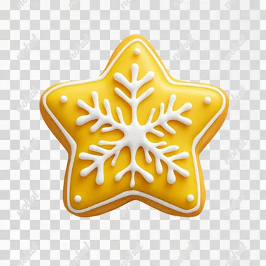 A yellow star-shaped cookie with white snowflake decoration on it, simple background, 3D icon design, high-definition photography, high resolution, super detailed, cute style, white and gold color scheme, cartoon design. The overall shape is flat, and the edges of each part are rounded to give people an elegant feeling.