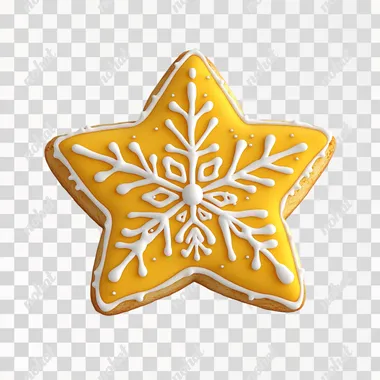 A yellow star-shaped cookie with white snowflake decoration on it, simple background, 3D icon design, high-definition photography, high resolution, super detailed, cute style, white and gold color scheme, cartoon design. The overall shape is flat, and the edges of each part are rounded to give people an elegant feeling.