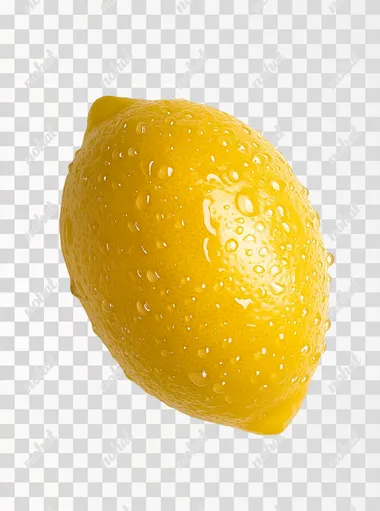 White background, water droplets with a lemon texture, yellow color, transparent effect, close-up shot, macro photography style, light and shadow effects, high saturation, fresh fruit tone, symmetrical composition, prominent details. High-definition image quality. The top left corner of the picture is white space for text.