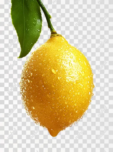 White background, water droplets with a lemon texture, yellow color, transparent effect, close-up shot, macro photography style, light and shadow effects, high saturation, fresh fruit tone, symmetrical composition, prominent details. High-definition image quality. The top left corner of the picture is white space for text.