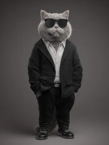 a 3D anthropomorphic British Shorthair with realistic skin texture and cat-like proportions, wearing a black suit and white shirt inside, wearing sunglasses, confident and stylish, standing in a bold fashion pose, Versace fashion campaign style, hyperrealistic, cinematic lighting, full-body, grey background,