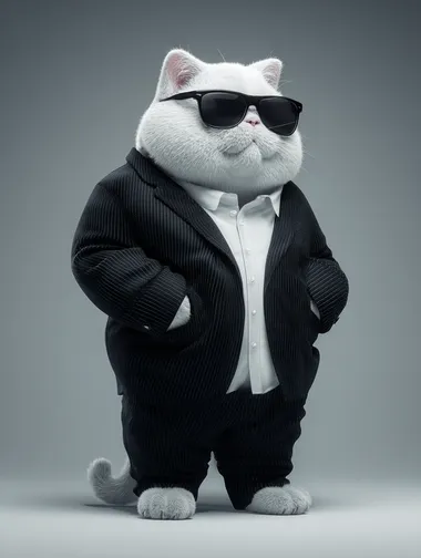 a 3D anthropomorphic British Shorthair with realistic skin texture and cat-like proportions, wearing a black suit and white shirt inside, wearing sunglasses, confident and stylish, standing in a bold fashion pose, Versace fashion campaign style, hyperrealistic, cinematic lighting, full-body, grey background,