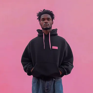 a cool young urban african man standing and facing the camera directly, upper body positioned straight on, not turned or angled, hands in pockets, wearing black unbranded hoody, wearing denim pants, hands in pockets, campaign-ready, photorealistic,  20240916