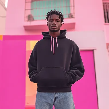 a cool young urban african man standing and facing the camera directly, upper body positioned straight on, not turned or angled, hands in pockets, wearing black unbranded hoody, wearing denim pants, hands in pockets, campaign-ready, photorealistic,  20240916