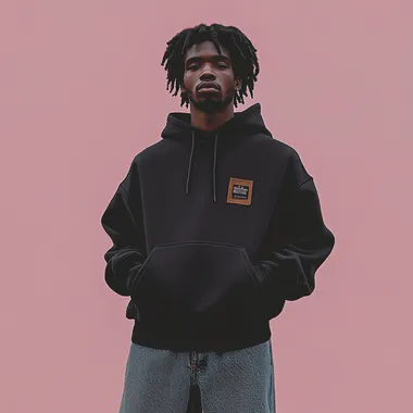 a cool young urban african man standing and facing the camera directly, upper body positioned straight on, not turned or angled, hands in pockets, wearing black unbranded hoody, wearing denim pants, hands in pockets, campaign-ready, photorealistic,  20240916