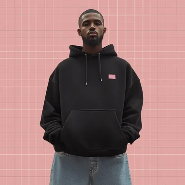 a cool young urban african man standing and facing the camera directly, upper body positioned straight on, not turned or angled, hands in pockets, wearing black unbranded hoody, wearing denim pants, hands in pockets, campaign-ready, photorealistic,  20240916